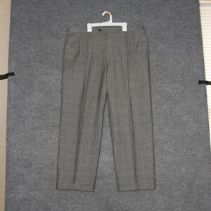 VTG Dress Pants Mens 36 Gray Tan Pure Wool Plaid Pleated Cuffed Formal Tailored